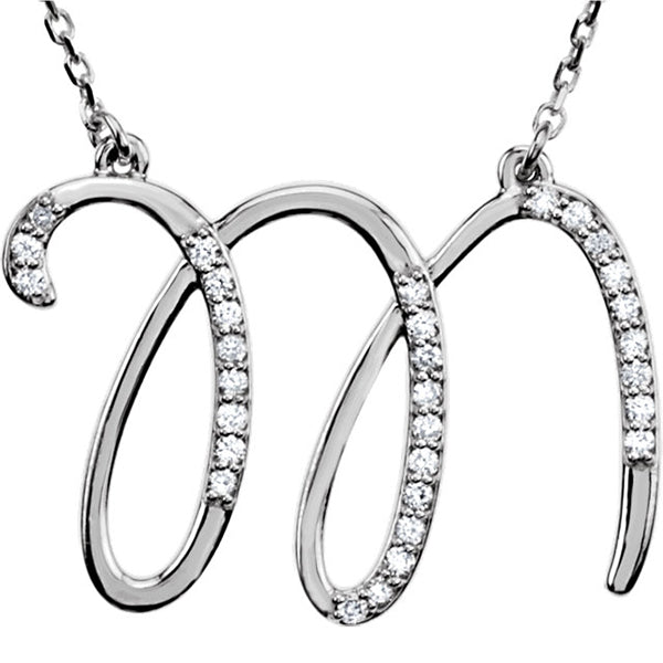 Personalized Diamond Cursive Initial Pendant Necklace 14k White Gold LETTER M