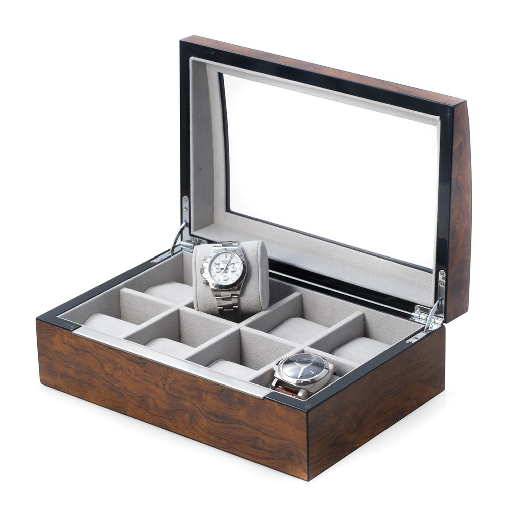 Brown Burl Wood 8 Watch Case w/ Glass Top & Stainless Accents
