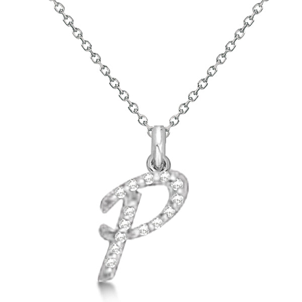 Personalized Diamond Script Letter P Initial Necklace in 14k White Gold