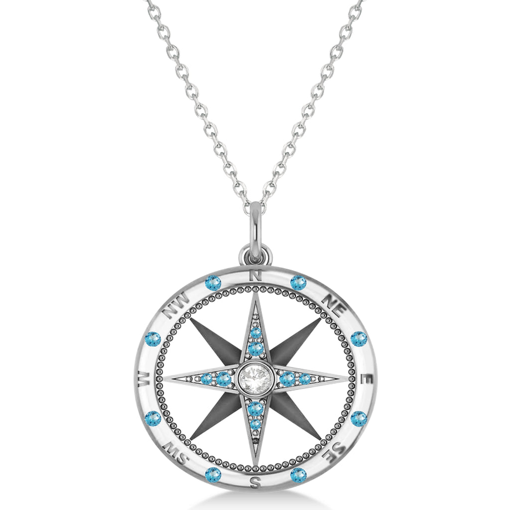 Compass Pendant Blue Topaz & Diamond Accented 14k White Gold (0.19ct)