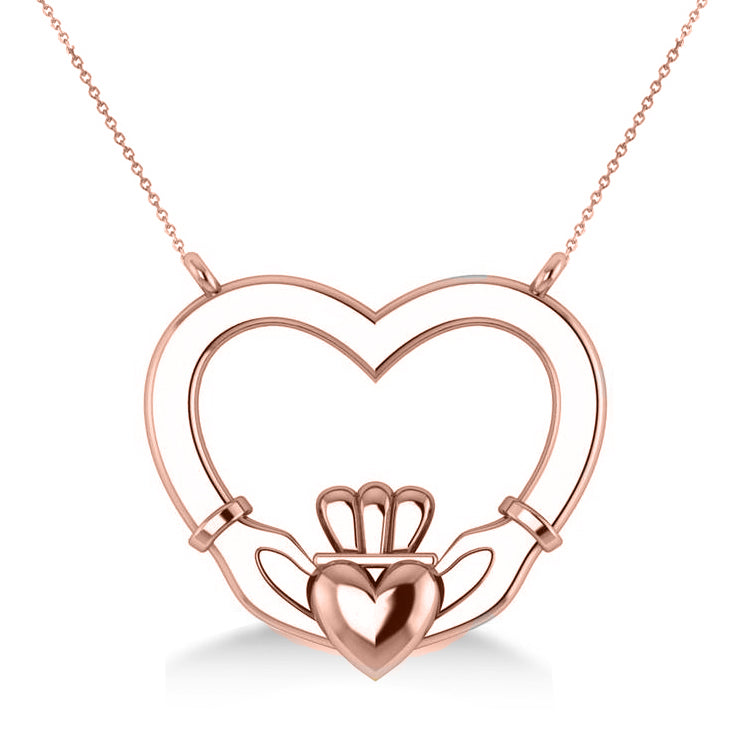 Double Heart Claddagh Pendant Necklace 14k Rose Gold