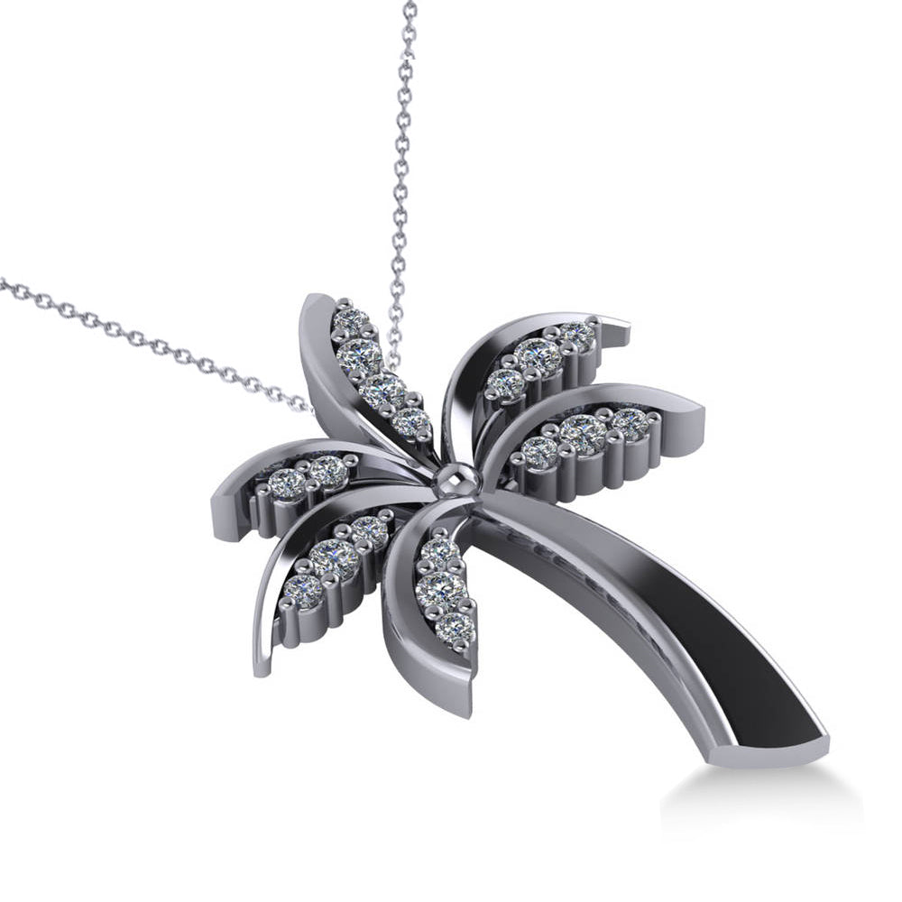 Diamond Summer Palm Tree Pendant Necklace 14k White Gold (0.24ct)