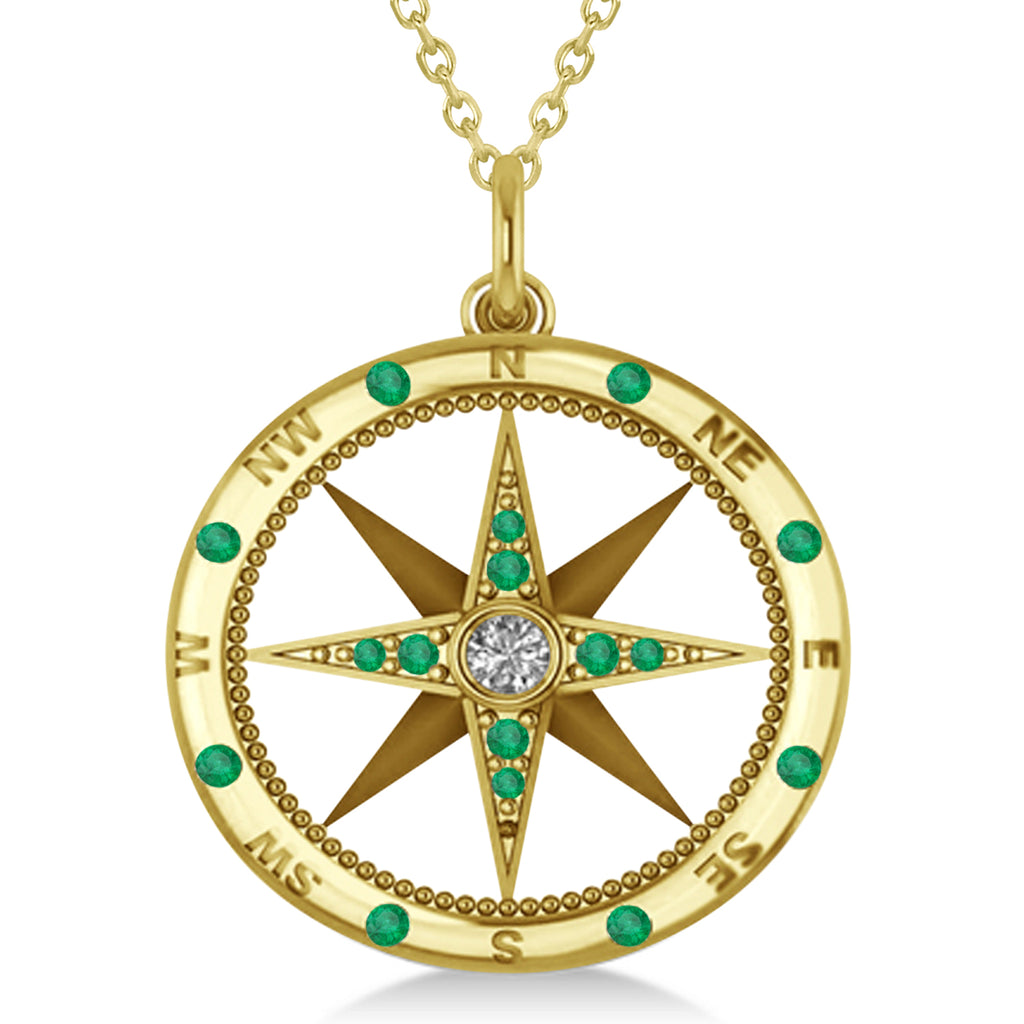 Compass Pendant For Men Emerald & Diamond Accented 14k Yellow Gold (0.38ct)