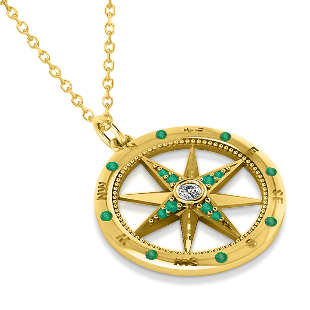 Compass Pendant For Men Emerald & Diamond Accented 14k Yellow Gold (0.38ct)