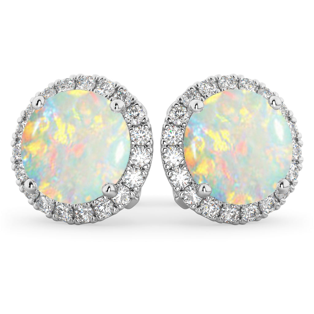 Halo Round Opal & Diamond Earrings 14k White Gold (3.17ct)