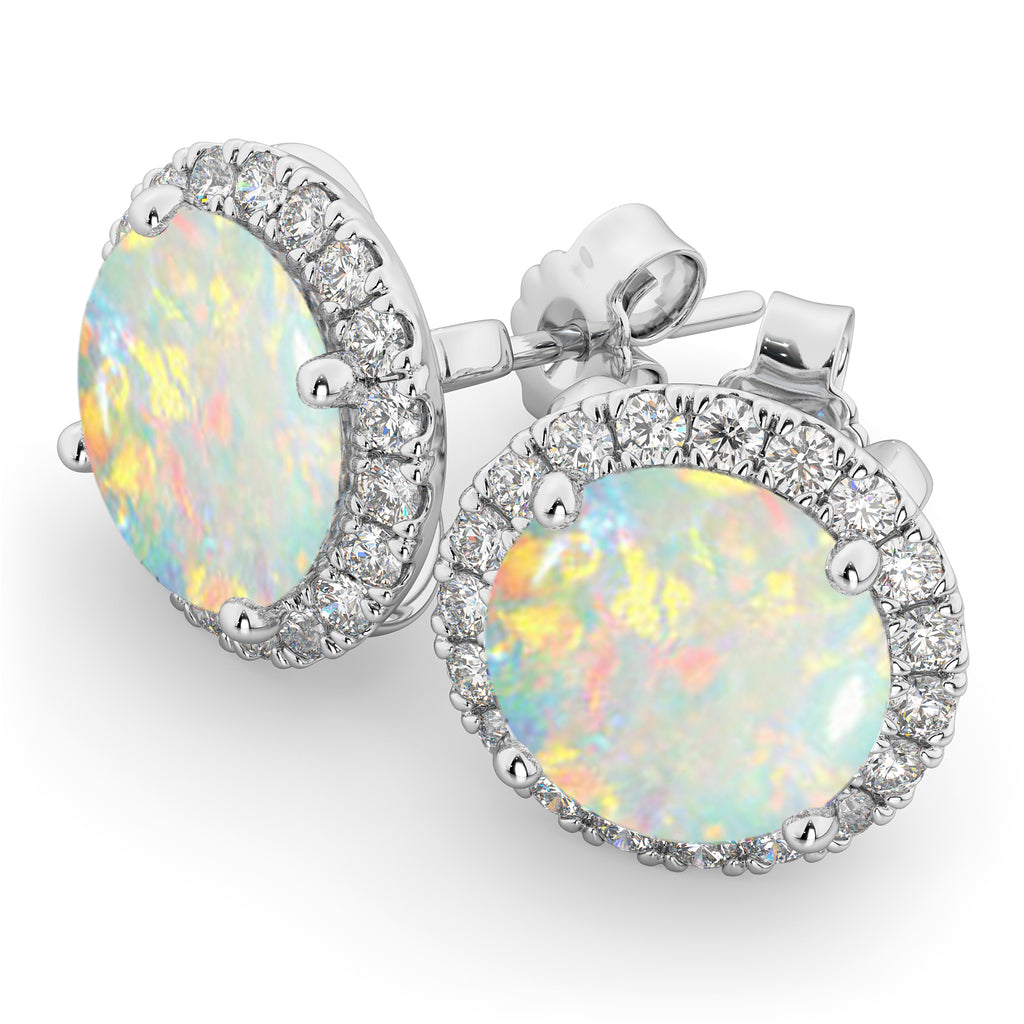 Halo Round Opal & Diamond Earrings 14k White Gold (3.17ct)