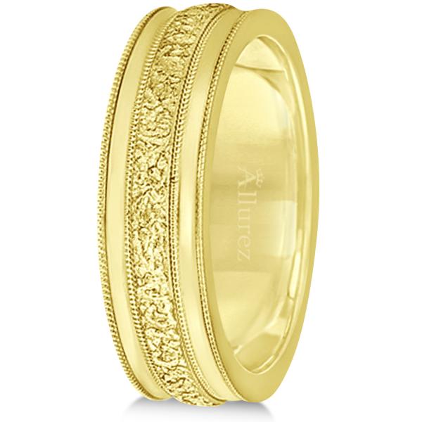 Carved Men's Wedding Ring Diamond Cut Band 14k Yellow Gold (7 mm) Size 8.5