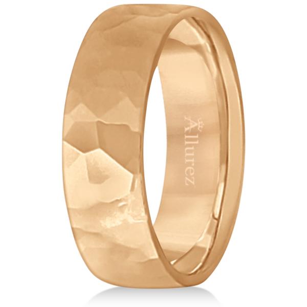 Men's Hammered Finished Carved Band Wedding Ring 14k Rose Gold (7mm) Size 8.5