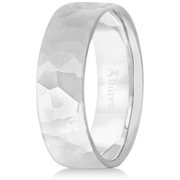 Men's Hammered Finished Carved Band Wedding Ring 14k White Gold (7mm)