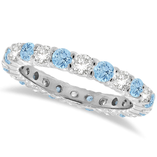 Aquamarine & Diamond Eternity Ring Band 14k White Gold (1.07ct) size 6