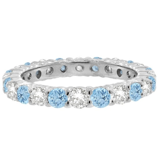 Aquamarine & Diamond Eternity Ring Band 14k White Gold (1.07ct) SIZE 7
