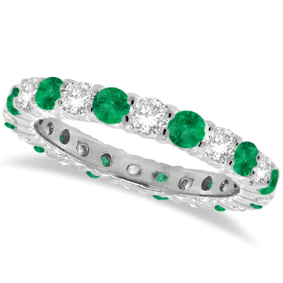 Emerald & Diamond Eternity Ring Band 14k White Gold (1.07ct) size 5.5
