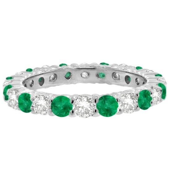 Emerald & Diamond Eternity Ring Band 14k White Gold (1.07ct) SIZE 6
