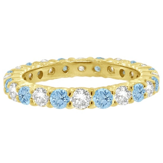 Aquamarine & Diamond Eternity Ring Band 14k Yellow Gold (1.07ct) size 5.75