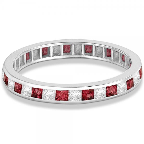 Princess-Cut Garnet & Diamond Eternity Ring 14k White Gold (1.26ct) Size 5