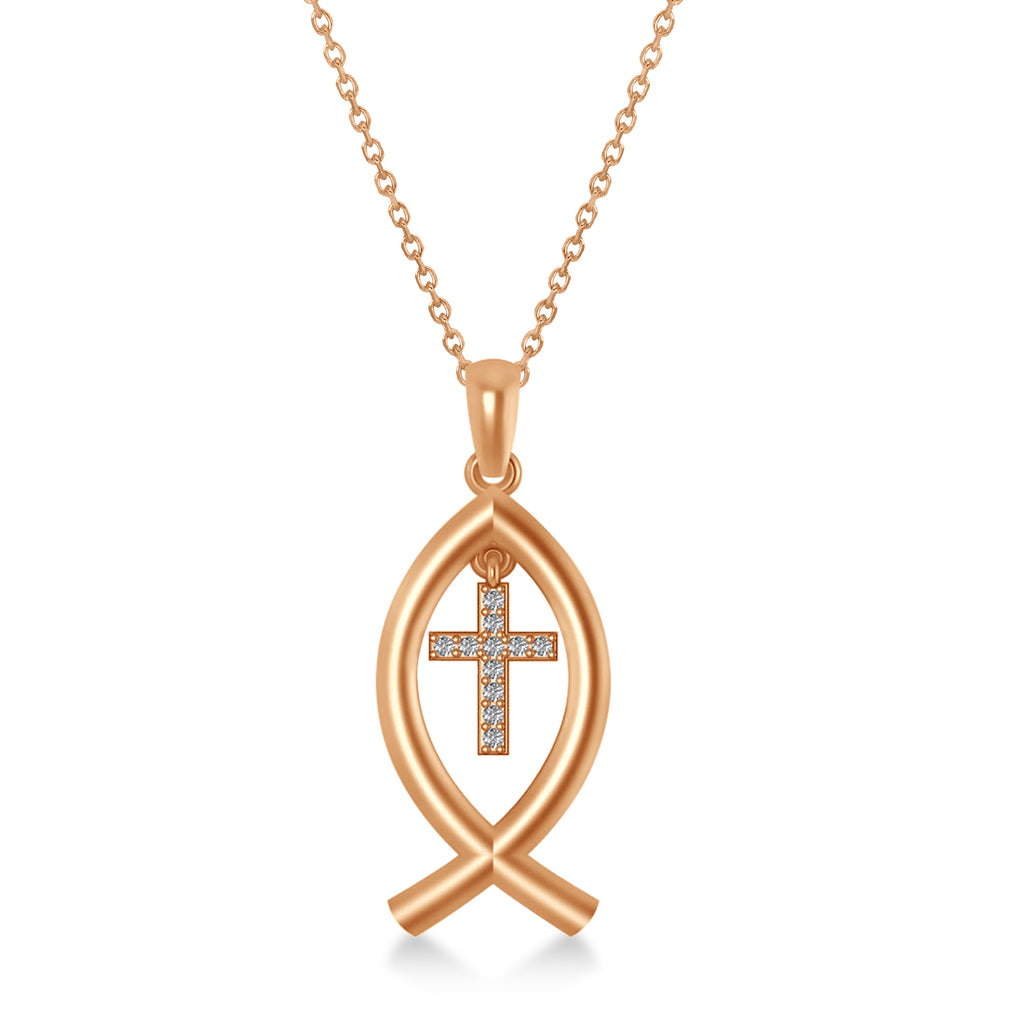 Christian Fish Cross Pendant Necklace 14k Rose Gold