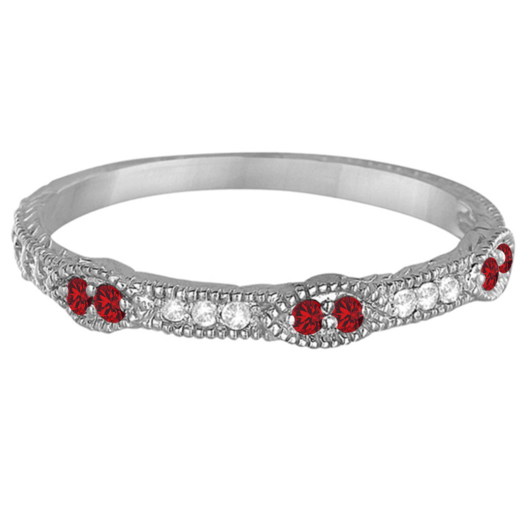 Vintage Stacking Diamond & Ruby Ring Band 14k White Gold (0.15ct)