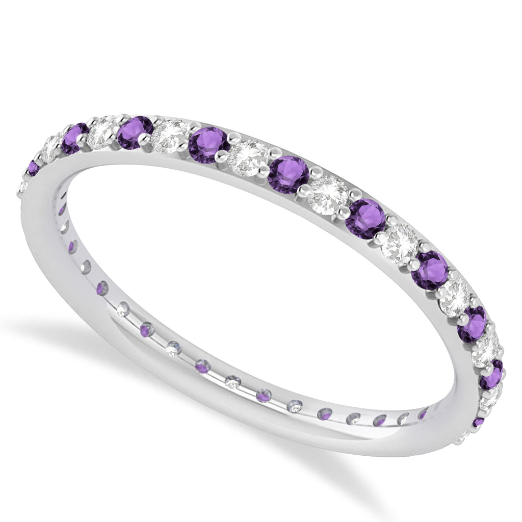 Diamond & Amethyst Eternity Wedding Band 14k White Gold (0.57ct) Size7