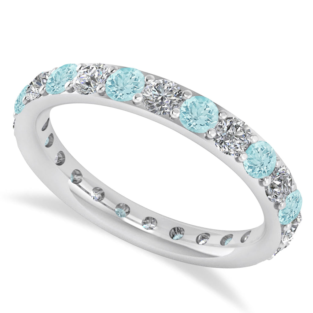 Diamond & Aquamarine Eternity Wedding Band 14k White Gold (1.50ct)