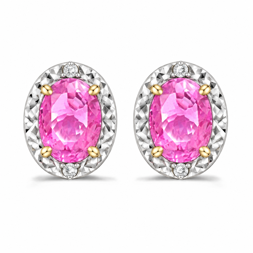 Lab Pink Sapphire and Diamond Earrings 14K Yellow Gold 2.34ct — main product, illusion setting