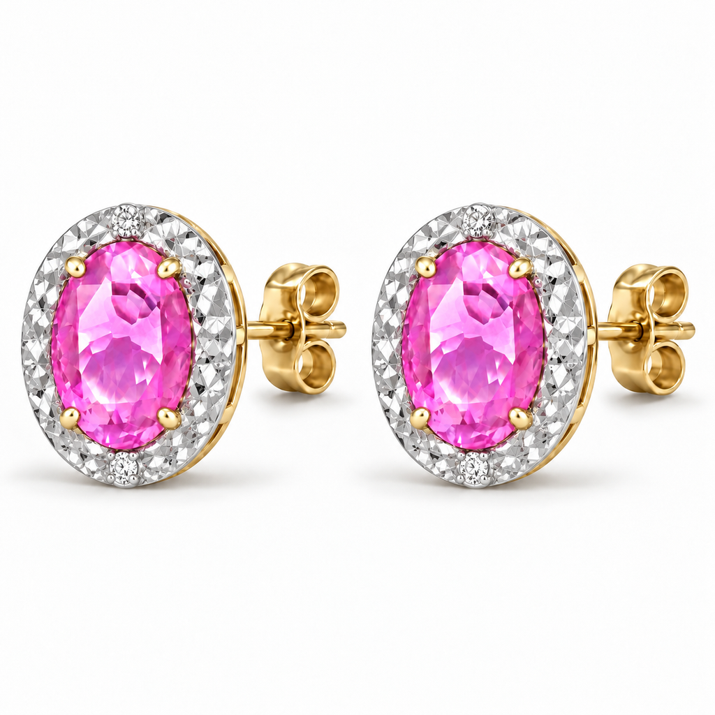 Lab Pink Sapphire and Diamond Earrings 14K Yellow Gold 2.34ct — alternate angle, illusion setting