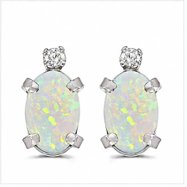 Oval Opal and Diamond Studs Earrings 14k White Gold (1.12ct)