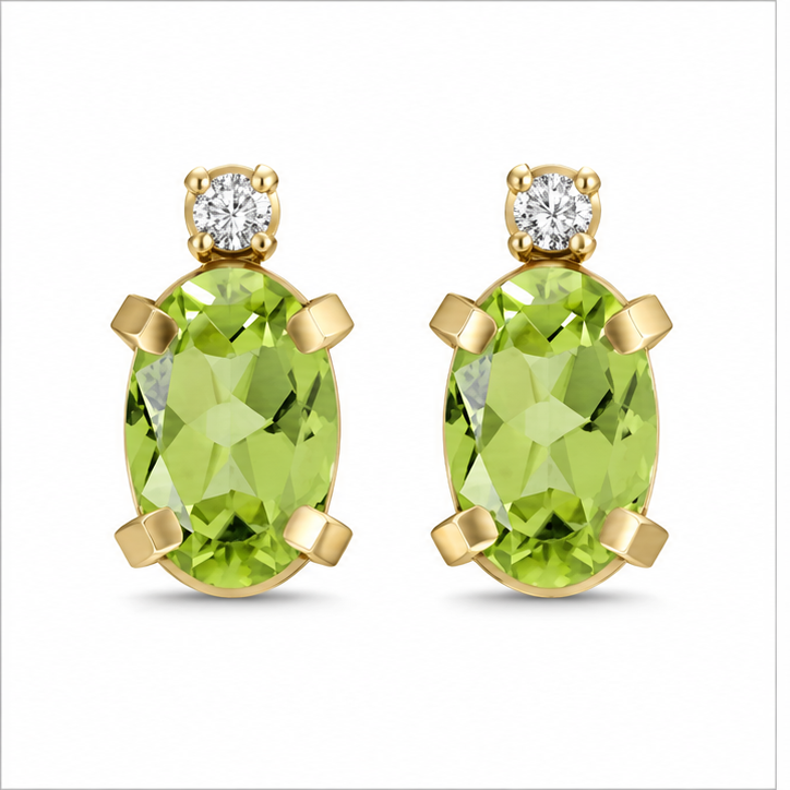 Oval Peridot and Diamond Studs Earrings 14k Yellow Gold (1.12ct)