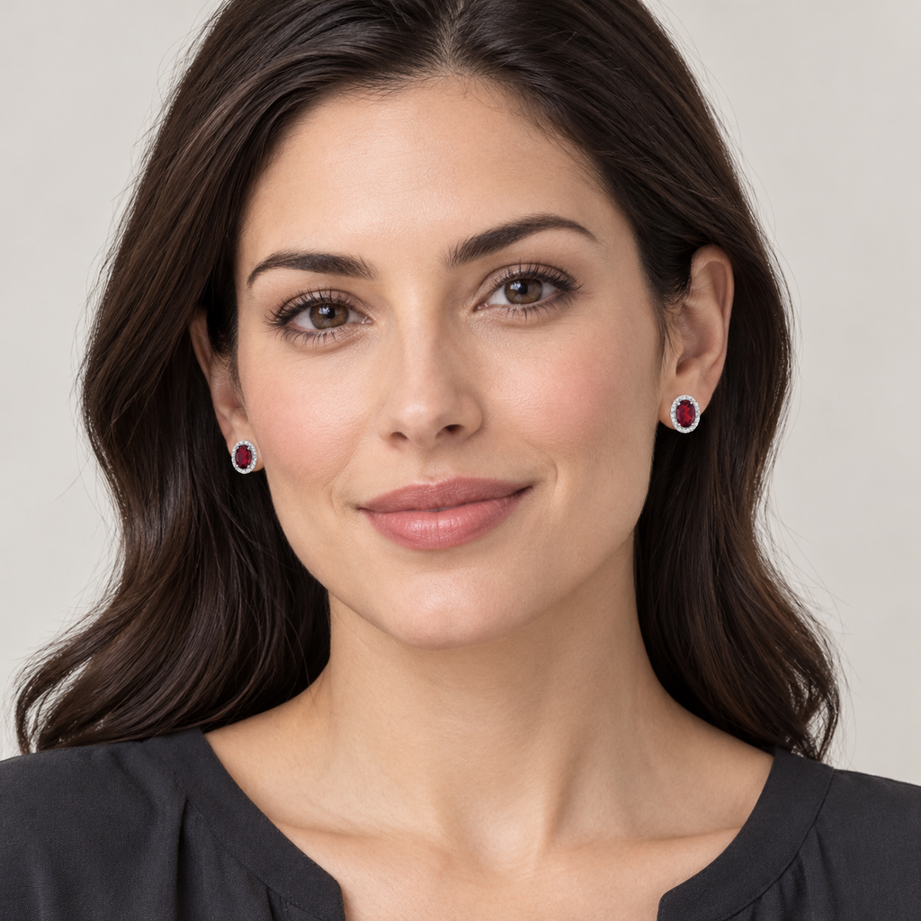 Oval ruby and diamond halo stud earrings 14K white gold, 6x4 mm center stones — full view; illustrative scale