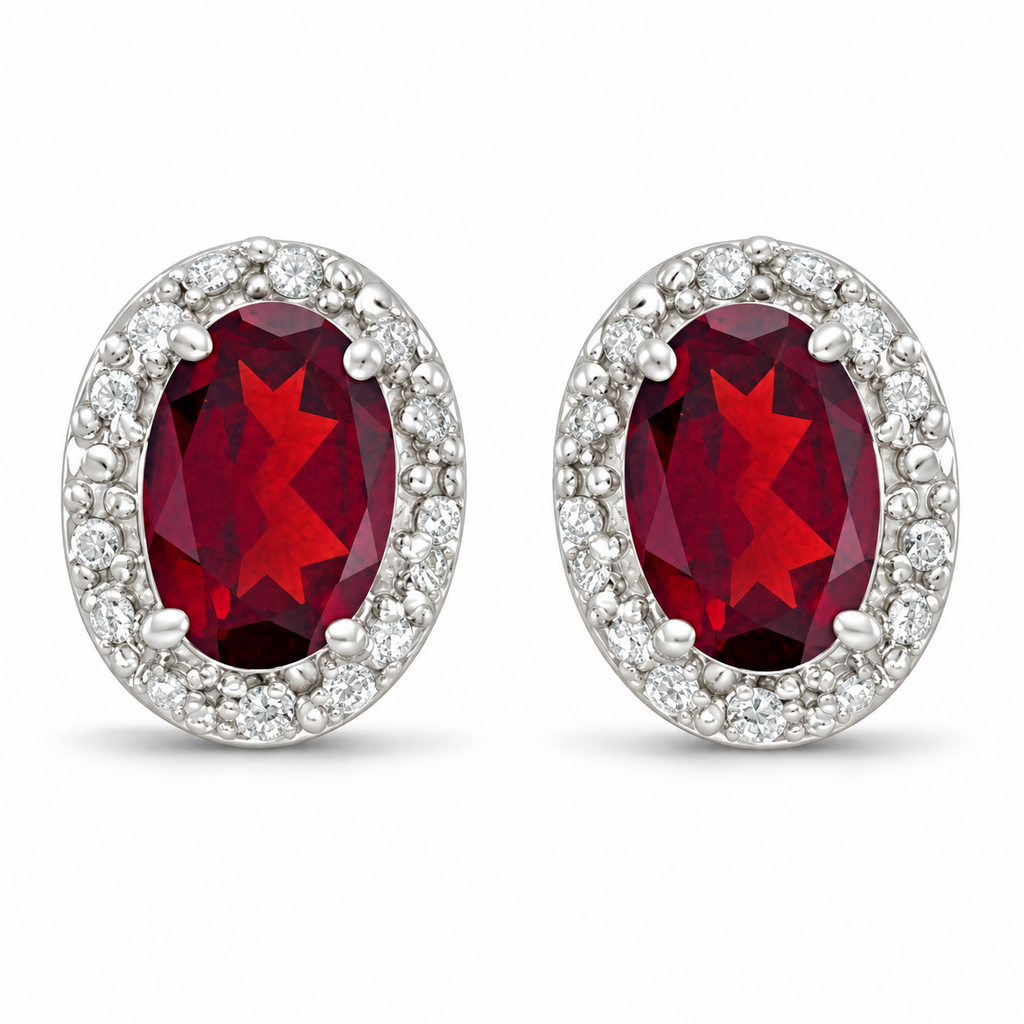 Oval ruby and diamond halo stud earrings 14K white gold, 6x4 mm center stones — main view; illustrative scale