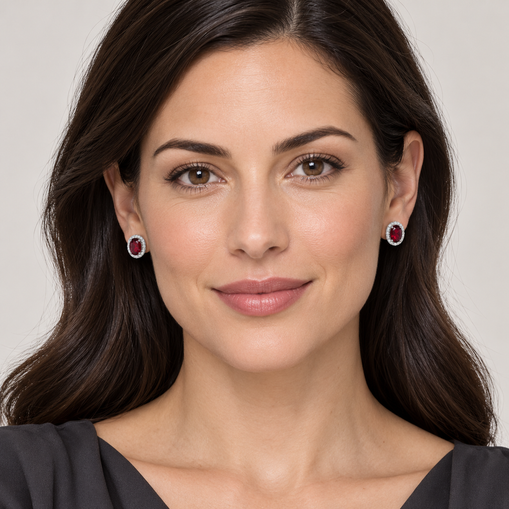 Oval ruby and diamond halo stud earrings 14K white gold, 7x5 mm center stones — full view; illustrative scale