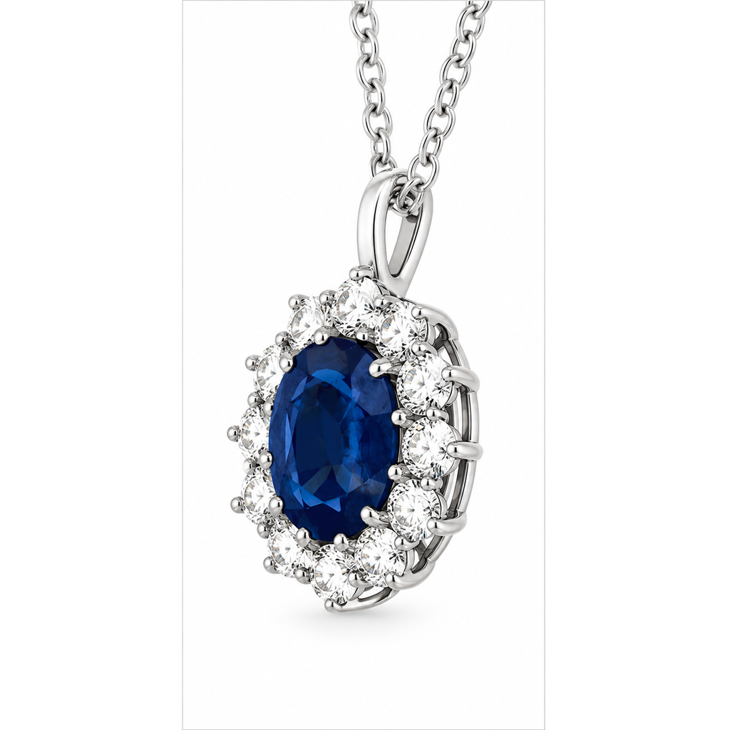 Oval Blue Sapphire & Diamond Pendant Necklace 14k White Gold (3.60ctw)