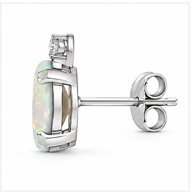 Oval Opal and Diamond Studs Earrings 14k White Gold (1.12ct)