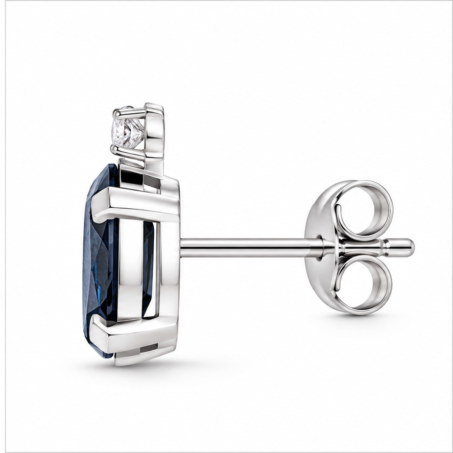Oval Blue Sapphire and Diamond Studs Earrings 14k White Gold (1.12ct)