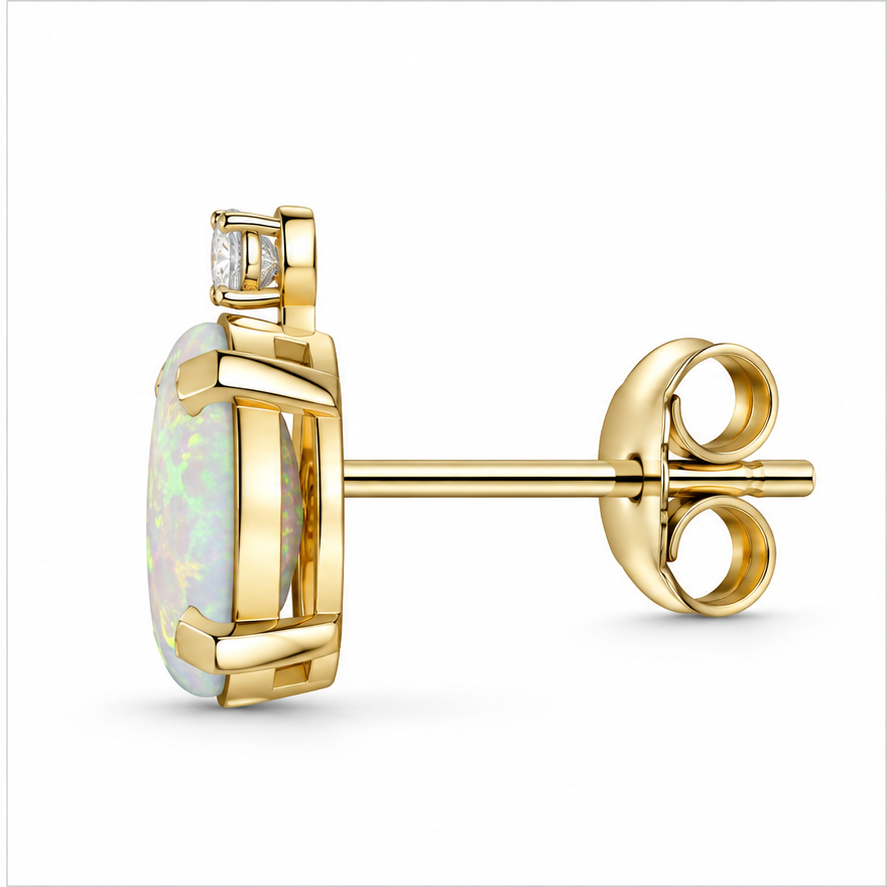 Oval Opal and Diamond Studs Earrings 14k Yellow Gold (1.12ct)