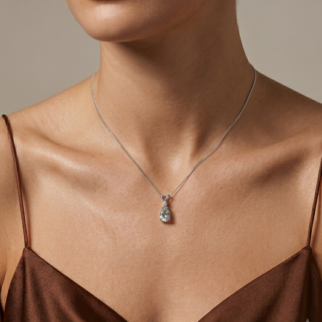 Pear Aquamarine & Diamond Solitaire Pendant Necklace 14k White Gold (1.40ct)