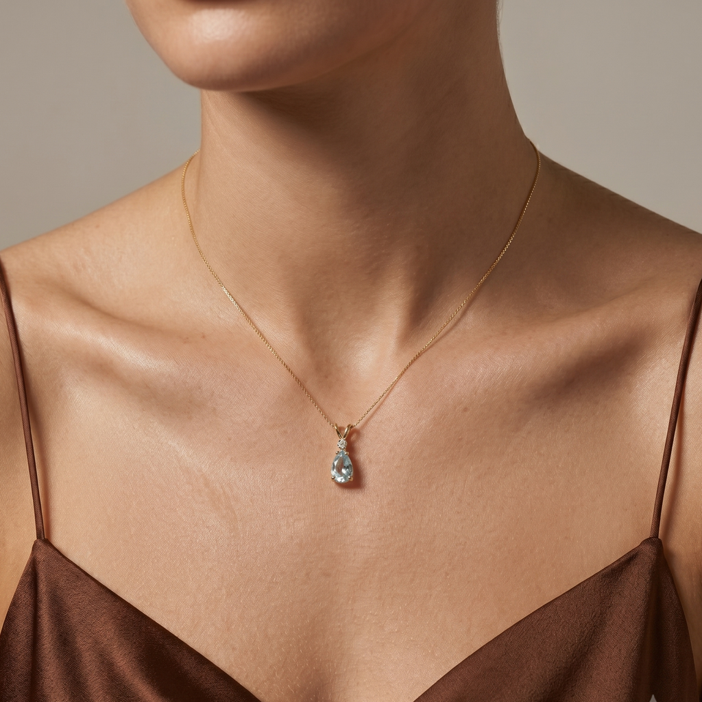 Pear Aquamarine & Diamond Solitaire Pendant Necklace 14k Yellow Gold (1.40ct)