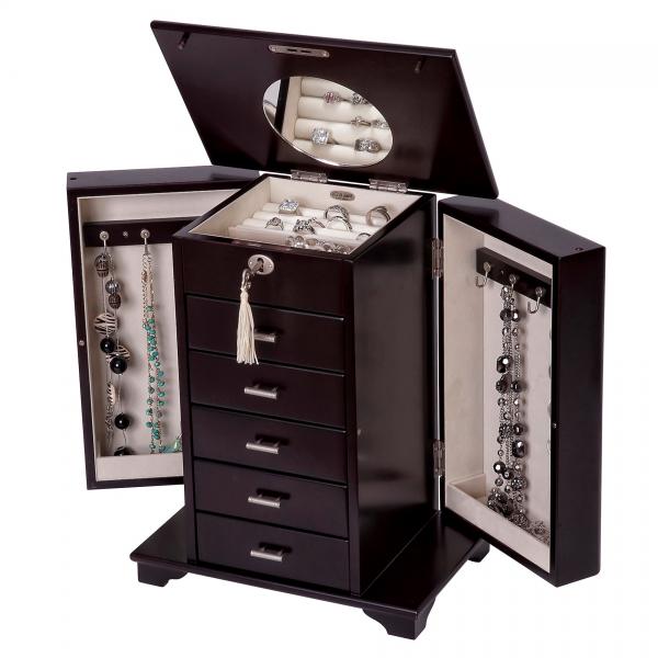 Java Finish Upright Wooden Jewelry Box Art Deco Design Locking Top