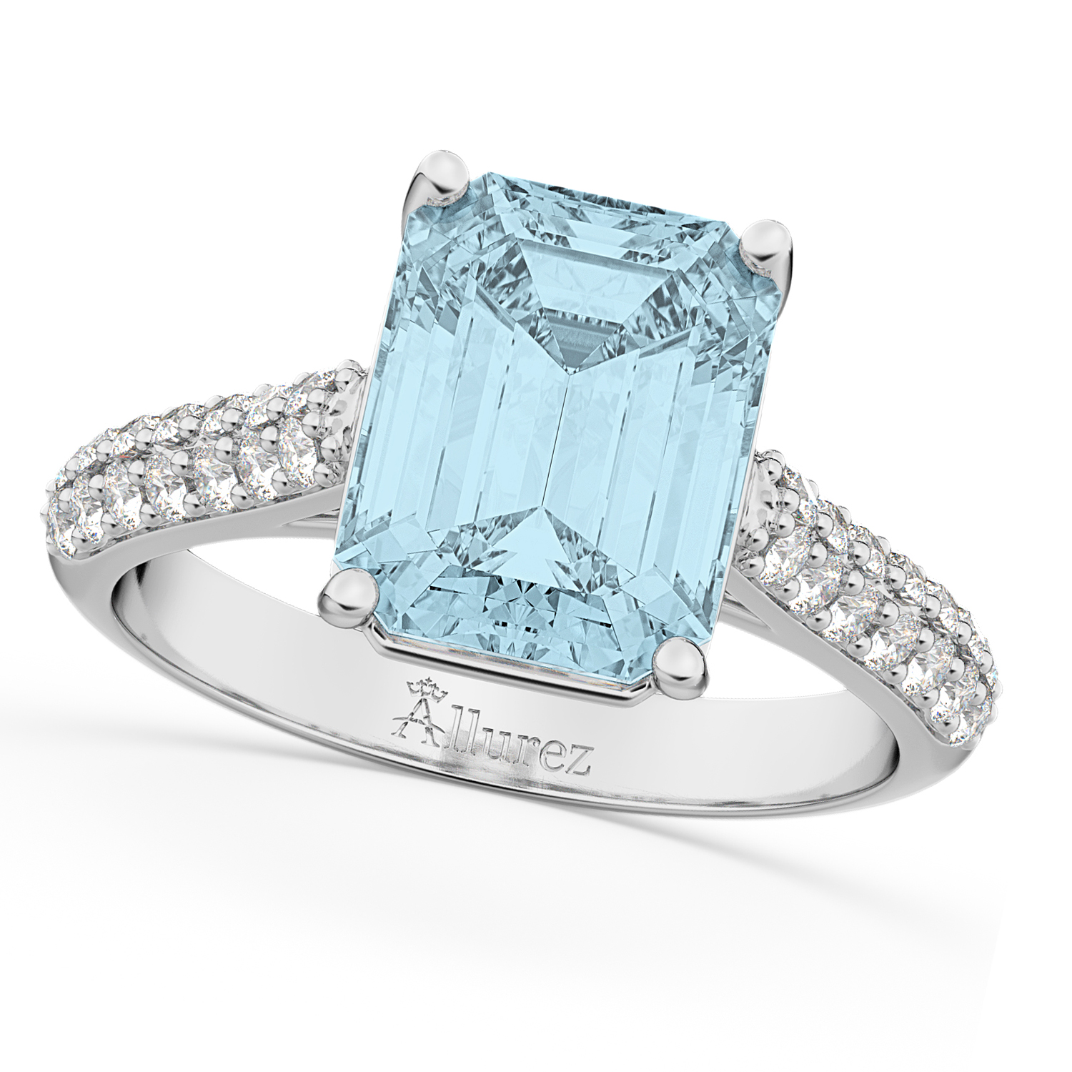 Emerald-Cut Aquamarine & Diamond Engagement Ring 14k White