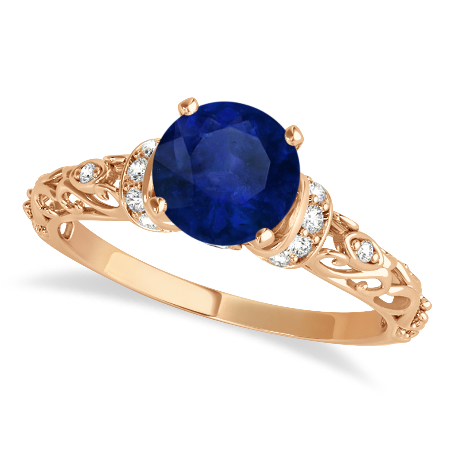Blue Sapphire & Diamond Antique Style Engagement Ring 18k Rose Gold (0.87ct) - AZ1029