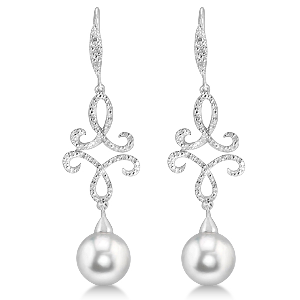 Diamond Freshwater Pearl Dangle Earrings Sterling Silver 8mm 0 138 Diamond Freshwater Pearl Dangle Earrings Sterling Silver 8mm 0 138ct