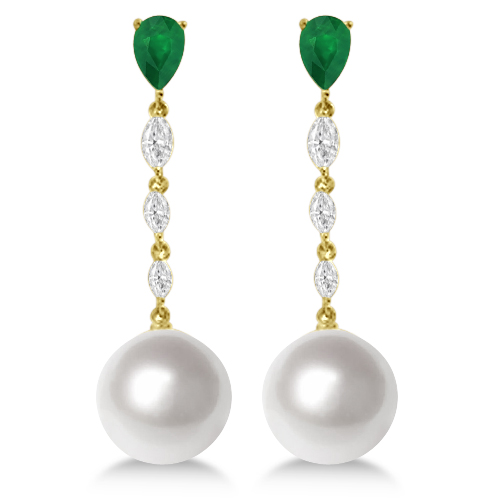 South Sea Pearl Emerald Diamond Dangle Earrings 18k Y Gold 12mm South Sea Pearl Emerald Diamond Dangle Earrings 18k Y Gold 12mm