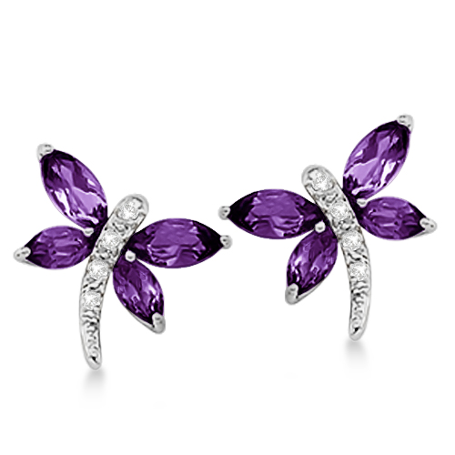 Diamond And Amethyst Dragonfly Earrings 14k White Gold 1 64ct Diamond And Amethyst Dragonfly Earrings 14k White Gold 1 64ct
