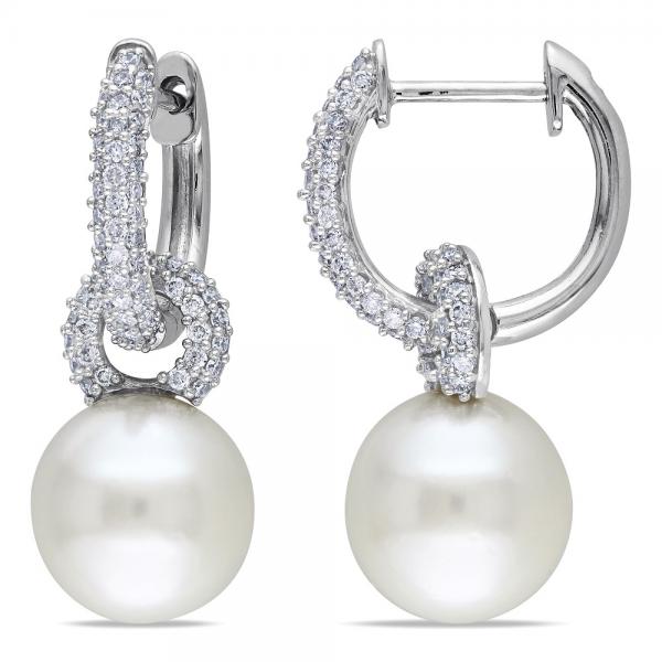 South Sea Pearl Diamond Huggie Drop Earrings 14k White Gold 9 5mm South Sea Pearl Diamond Huggie Drop Earrings 14k White Gold 9 5mm