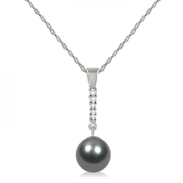 Black Grey Tahitian Pearl Diamond Drop Pendant Necklace 14k W Black Grey Tahitian Pearl Diamond Drop Pendant Necklace 14k W Gold 8