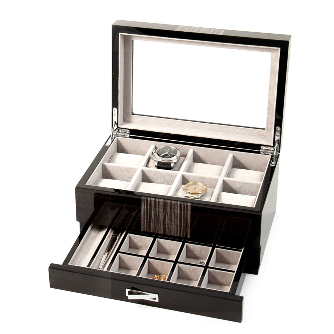 Wenge Wood 8 Watch Boxglass Top Drawer For Cufflinks Pens Allurez Wenge Wood 8 Watch Box W Glass Top Drawer For Cufflinks Pens