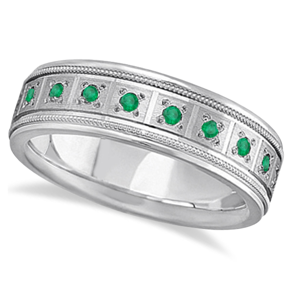 Emerald Ring For Men Wedding Band 18k White Gold 0 80ctw Ub1266 Emerald Ring For Men Wedding Band 18k White Gold 0 80ctw