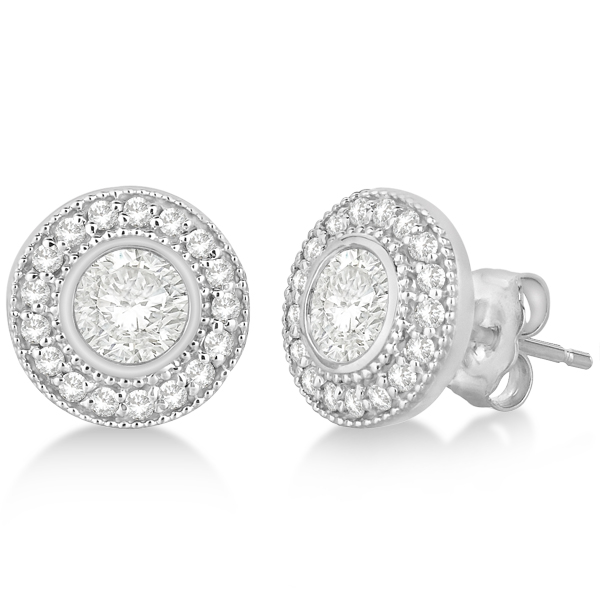 Vintage Style Diamond Halo Earrings Bezel Studs 14k White Gold 1 31 Vintage Style Diamond Halo Earrings Bezel Studs 14k White Gold 1 31ct