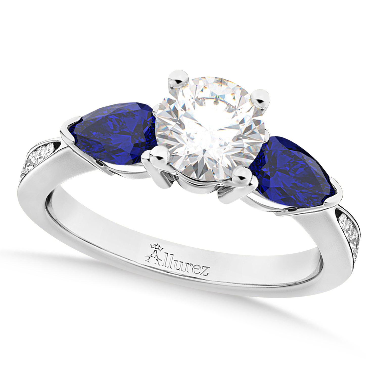 Round Diamond & Pear Blue Sapphire Engagement Ring 18k White