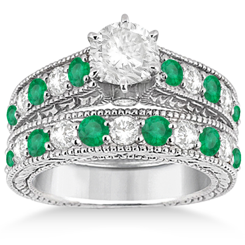 af koncept fossil Antique Diamond & Emerald Bridal Ring Set 18k White Gold 2.51ct - U3108