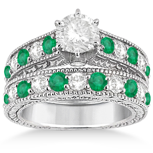 Antique Diamond Emerald Bridal Wedding Ring Set Palladium 2 51ct Antique Diamond Emerald Bridal Wedding Ring Set Palladium